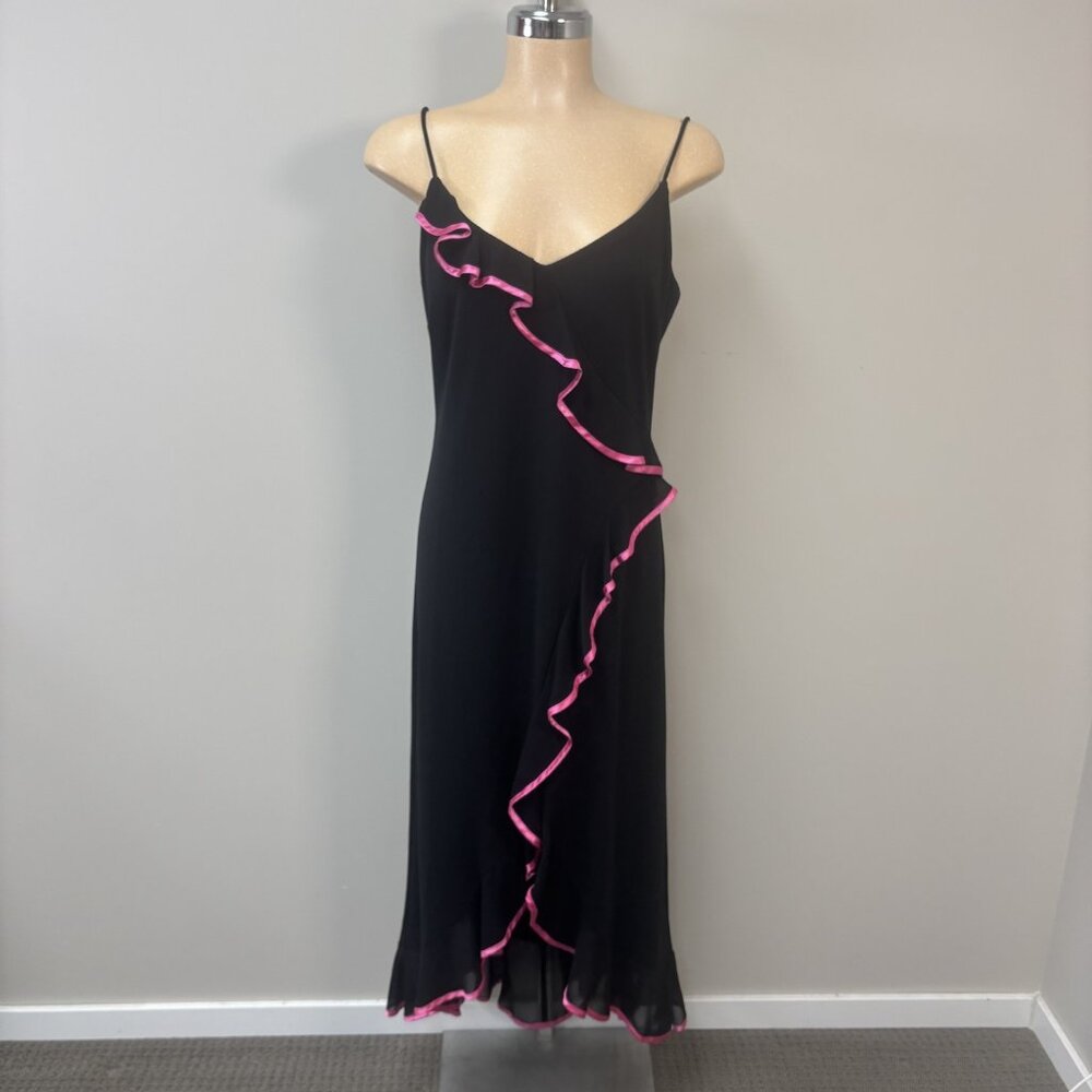 Jessica Black Asymmetrical Slip Dress with Pink Ruffle Trim